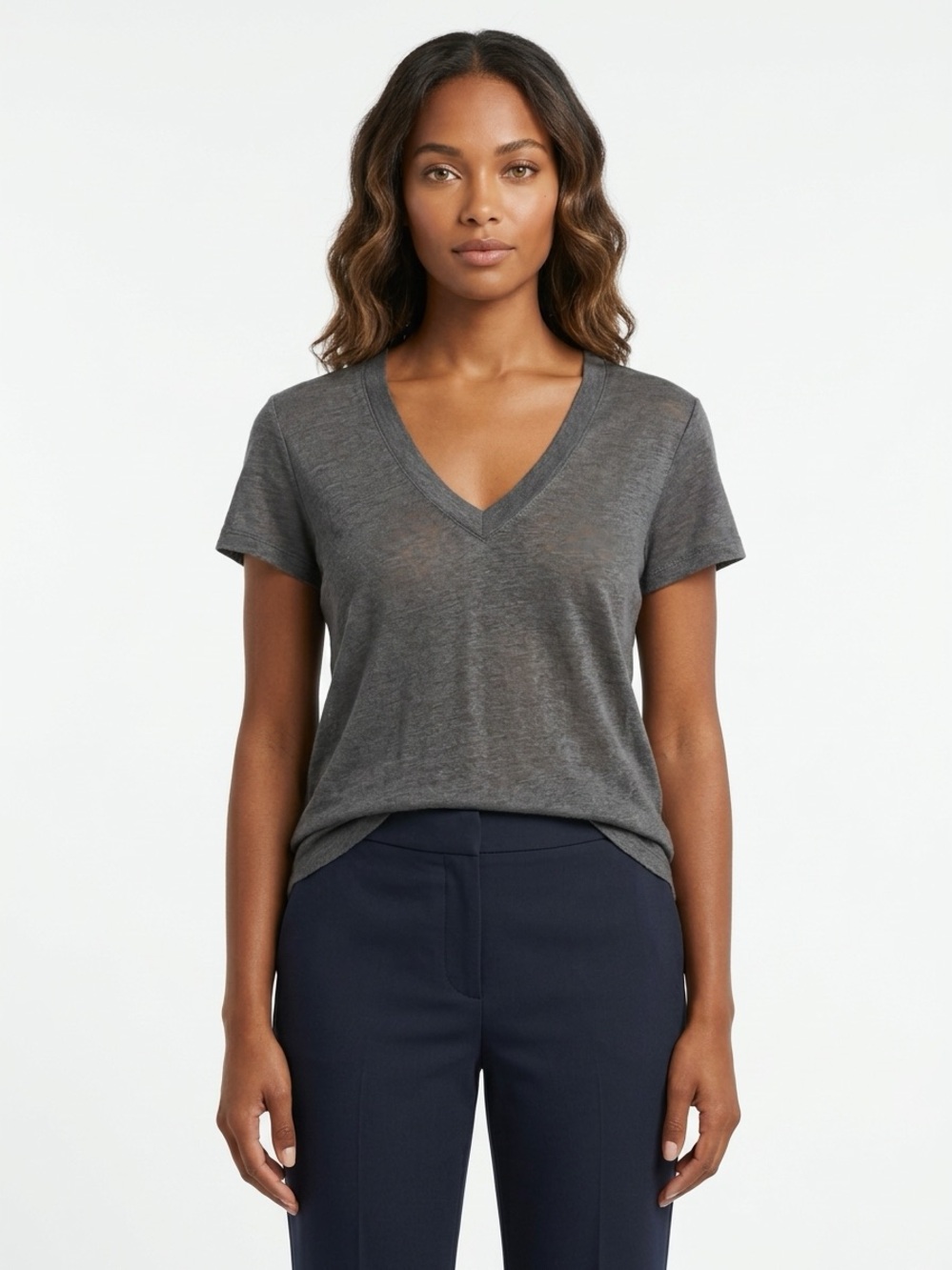 IRO V Neck T Shirt Rodeo Raw Edge Linen Charcoal Grey Medium